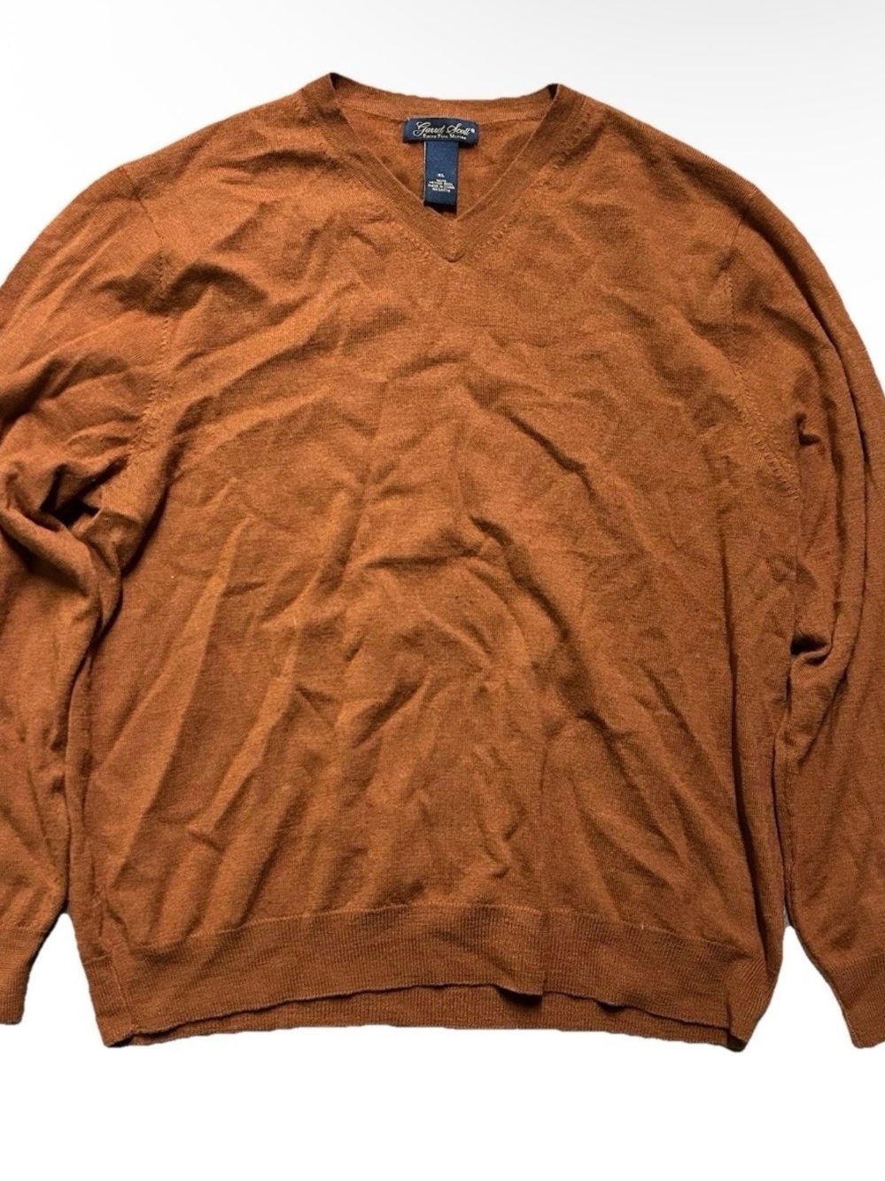 Men’s Garret Scott Extra Fine Merino Wool V Neck Orange Sweater Size XL